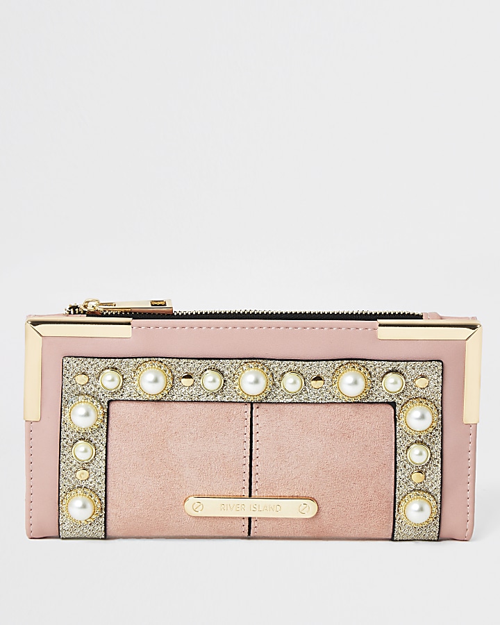 Pink pearl embellished fold out purse