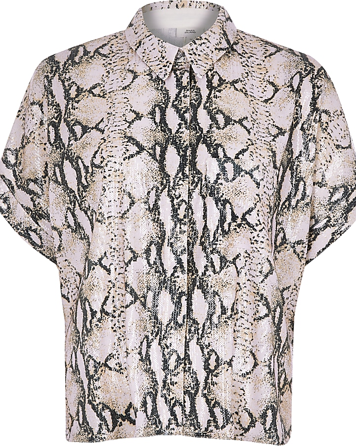 Pink snake print sequin short sleeve shirt
