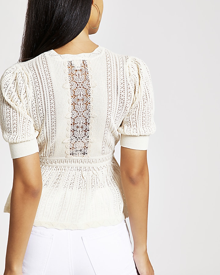 Cream lace peplum knitted top