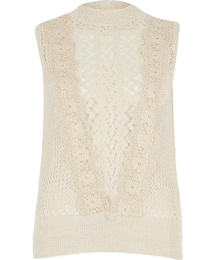 Cream lace knitted tank top