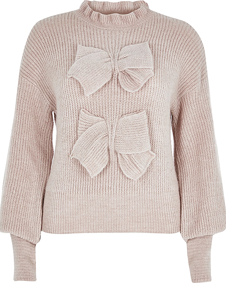 Pink bow front long sleeve knitted jumper