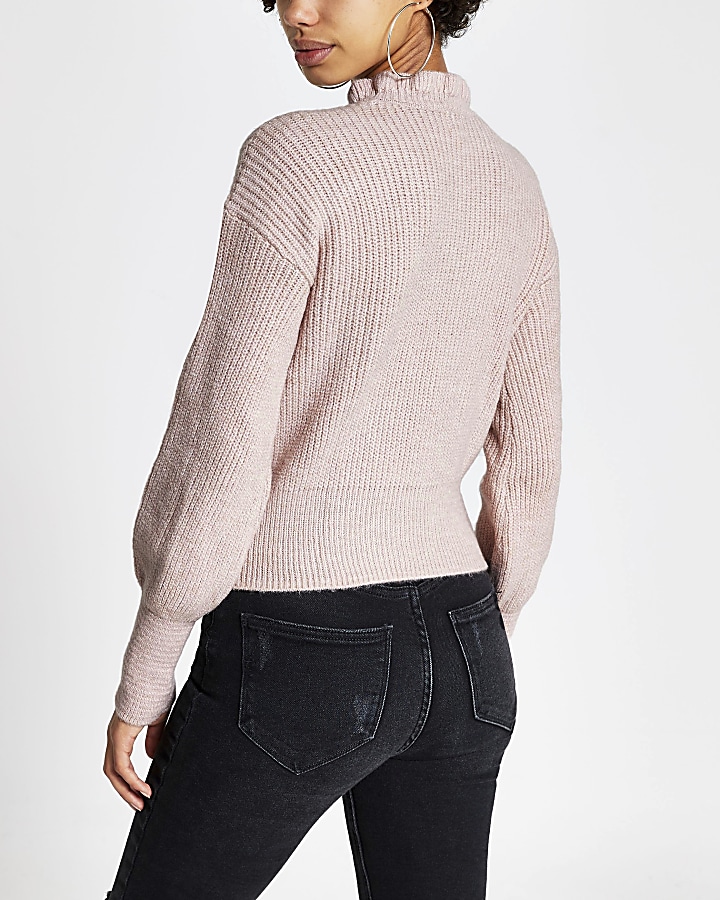 Pink bow front long sleeve knitted jumper