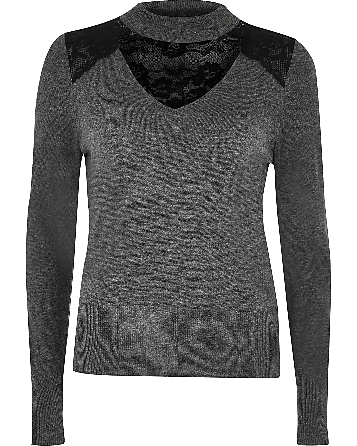 Grey lace choker neck knitted jumper