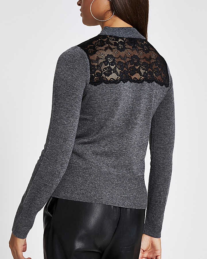 Grey lace choker neck knitted jumper