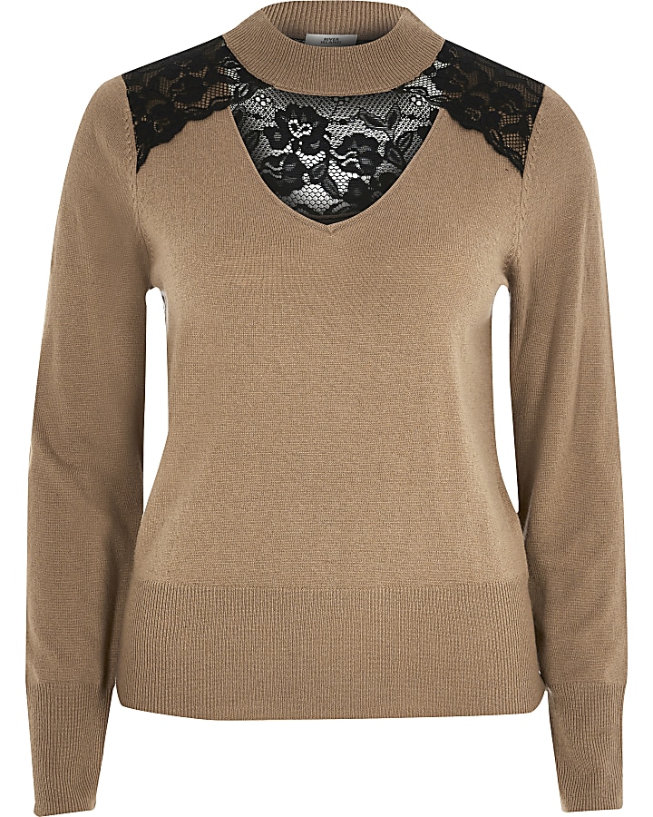Brown lace choker neck knitted jumper