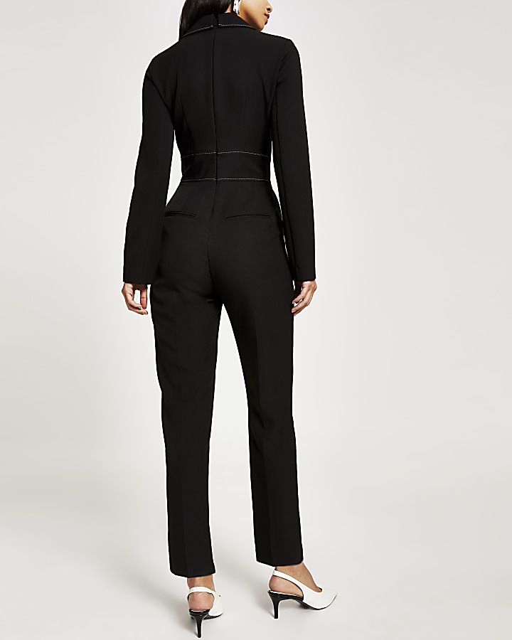 Black contrast stitch high waist jumpsuit