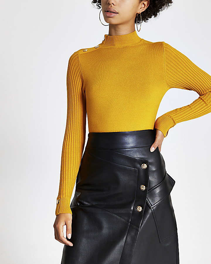 Yellow fitted high neck knitted top