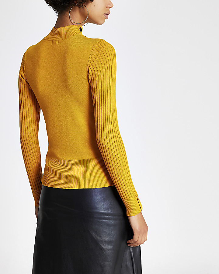 Yellow fitted high neck knitted top