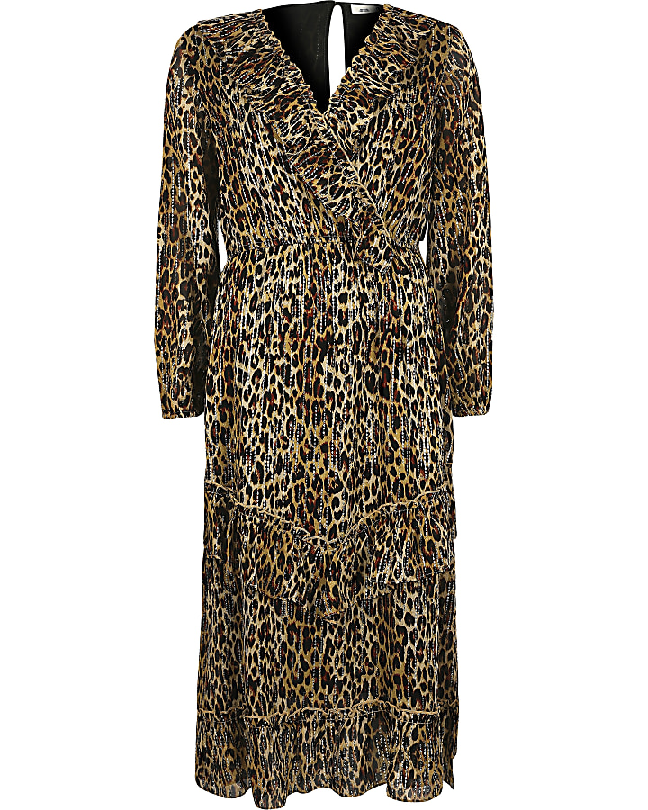 Brown leopard print frill hem midi dress