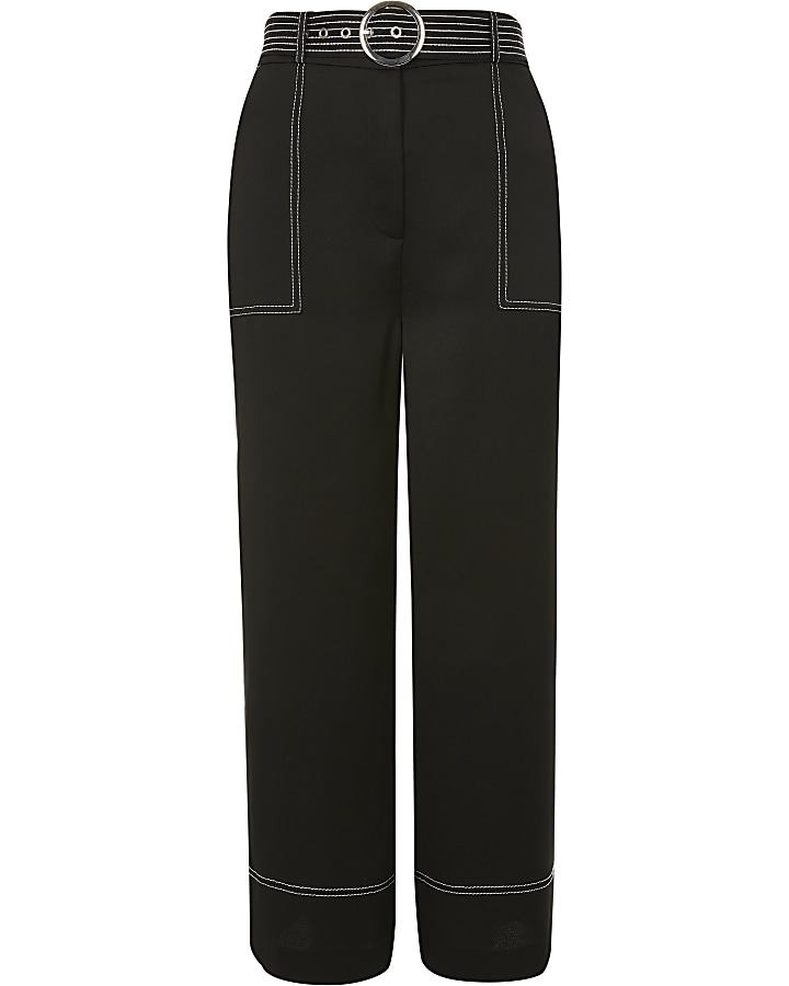 Black contrast stiched crop wide leg trousers