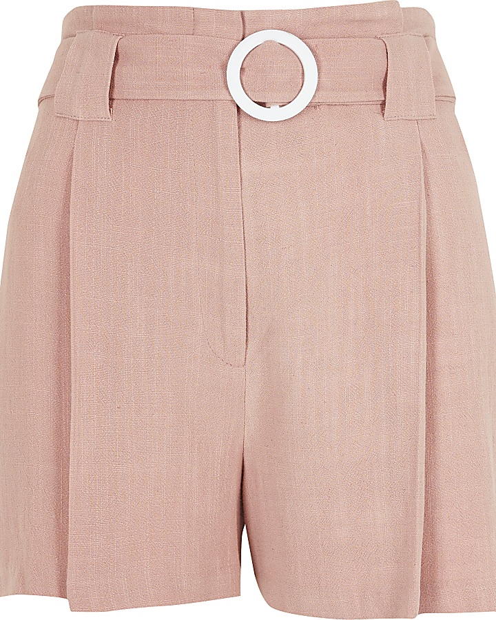Pink belted linen shorts