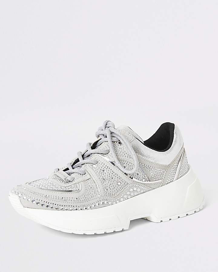 Silver diamante lace-up chunky trainers