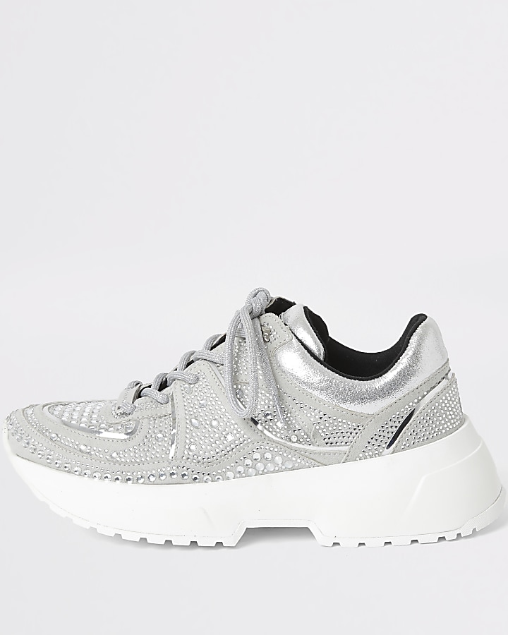 Silver diamante lace-up chunky trainers