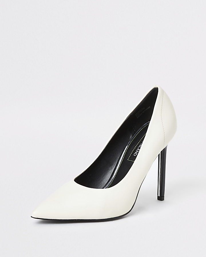 White pointed toe skinny heel court shoes