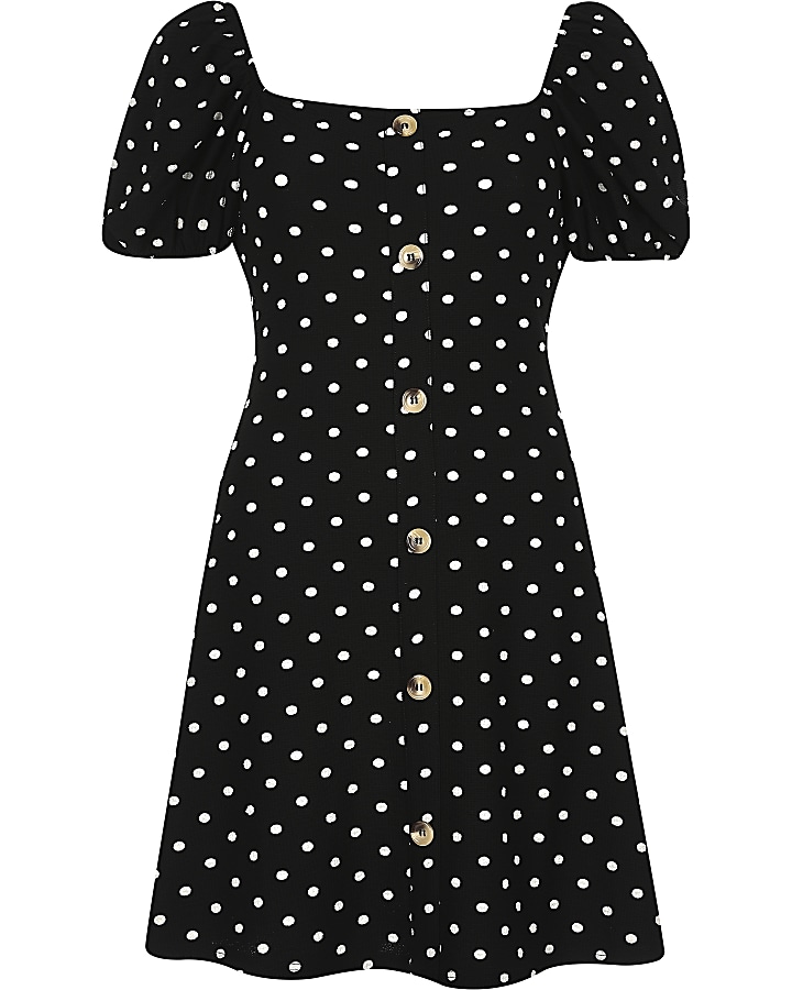 Black spot puff sleeve button front dress