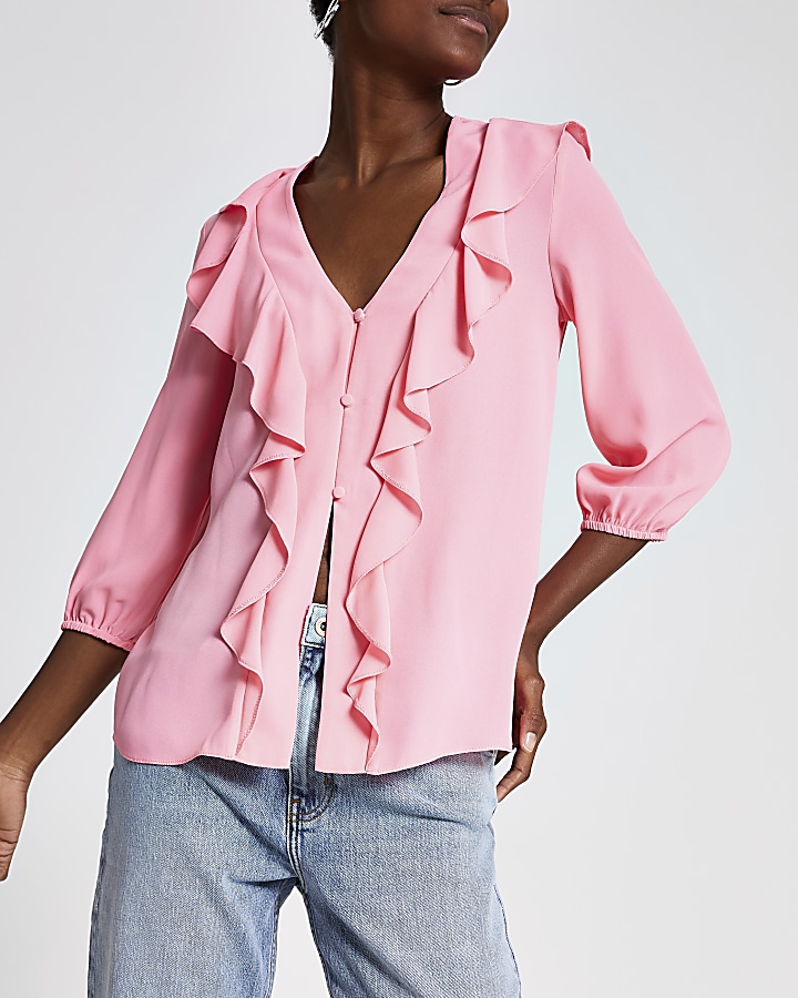 Pink frill front blouse