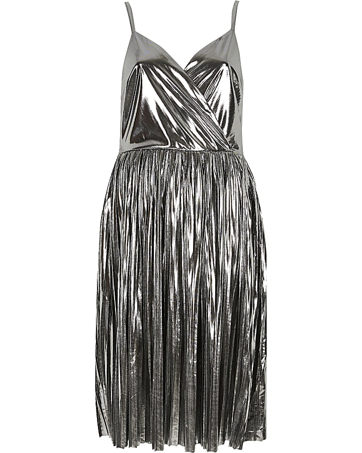 Silver pleated midi wrap dress