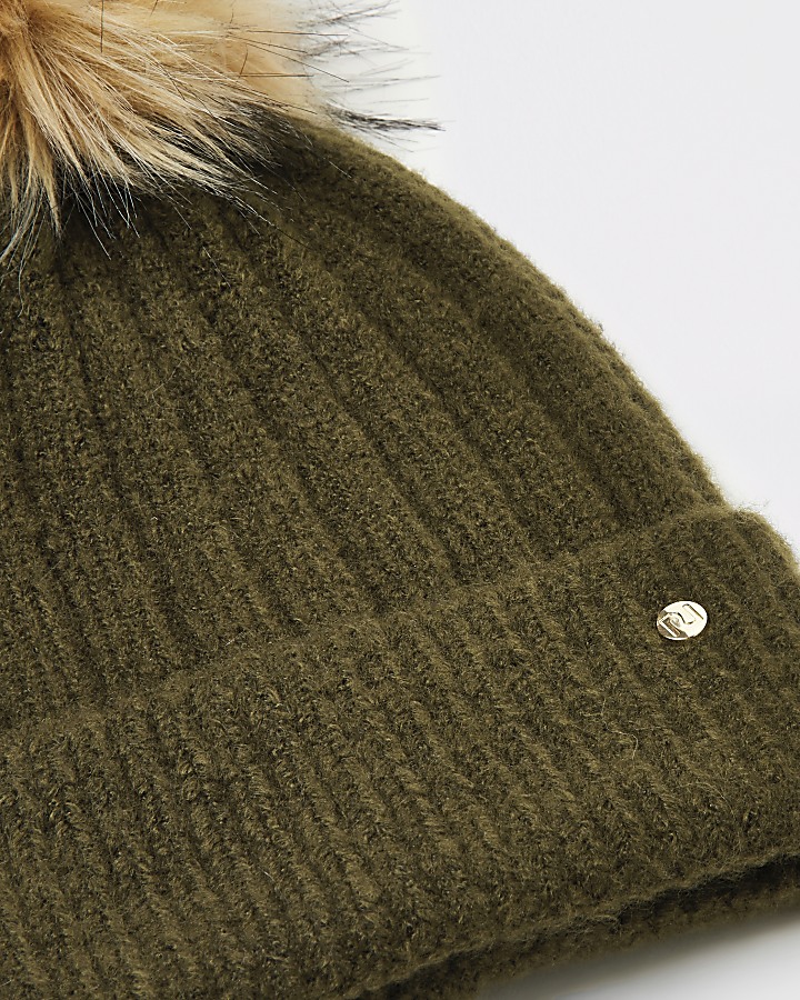 Khaki faux fur pom pom knitted beanie hat