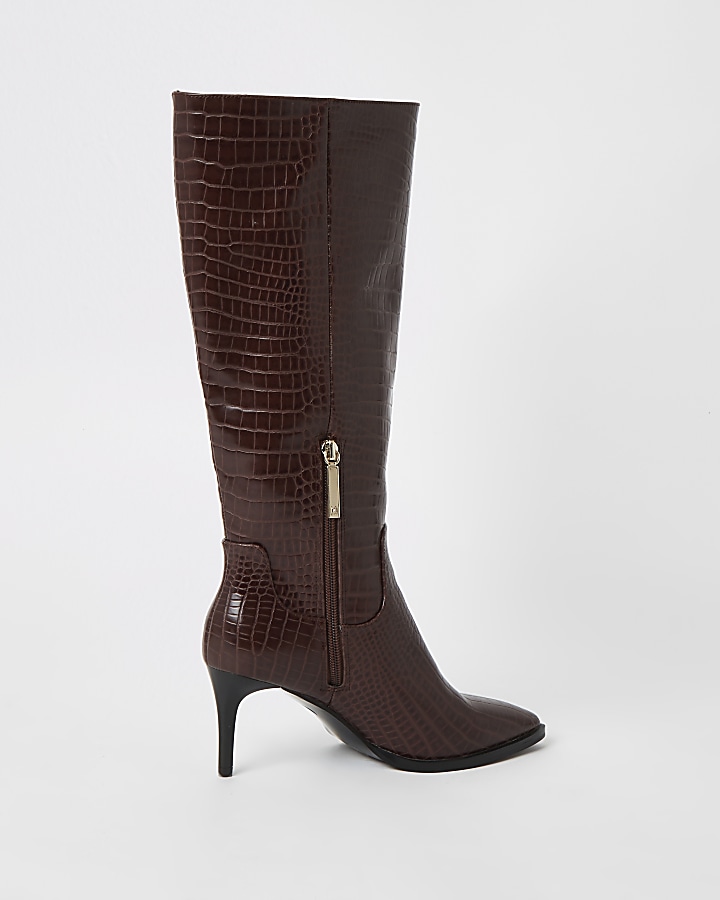 Brown croc embossed knee high pointed boots