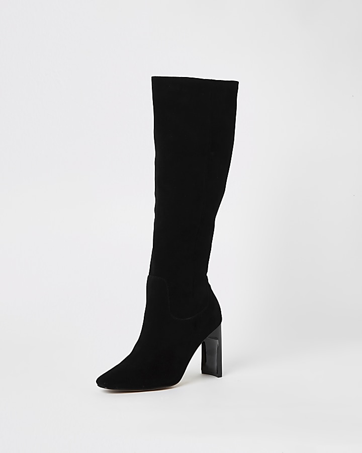 Black suede knee high heeled boots