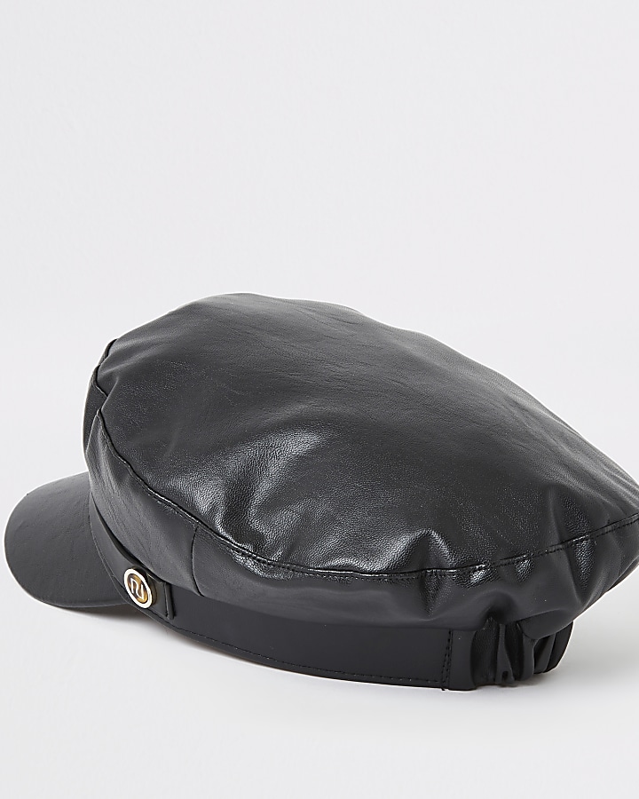 Black faux leather baker boy hat