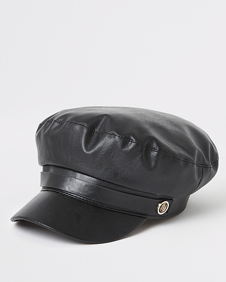 Black faux leather baker boy hat