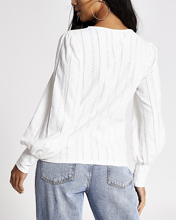 Petite white broderie long sleeve top