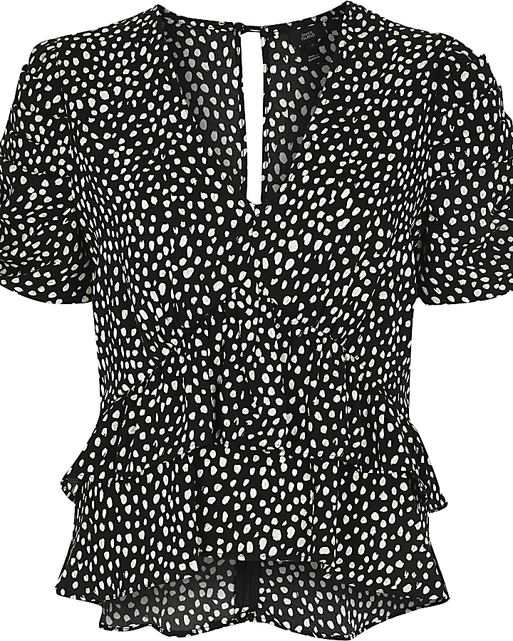 Black polka dot ruffle blouse