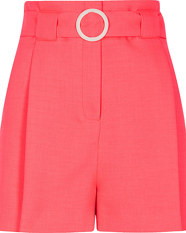 Neon coral belted shorts