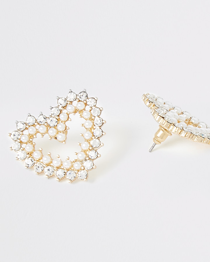 Gold colour pearl and diamante heart earrings