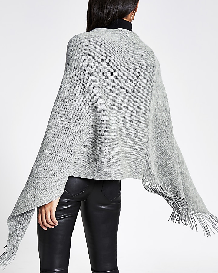 Grey asymmetric zip front knitted cape