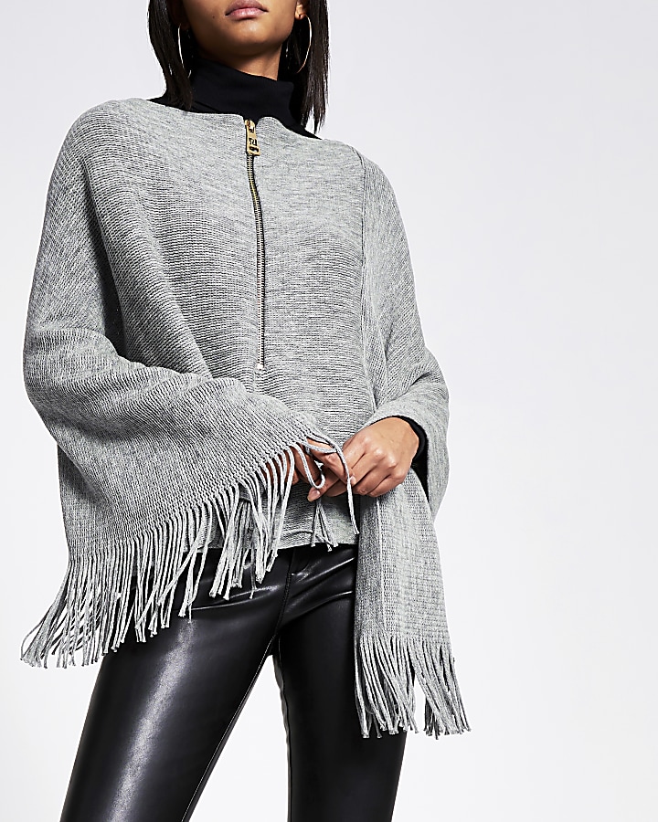 Grey asymmetric zip front knitted cape