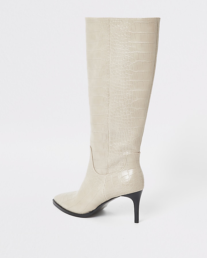 Grey croc embossed knee high pointed boots
