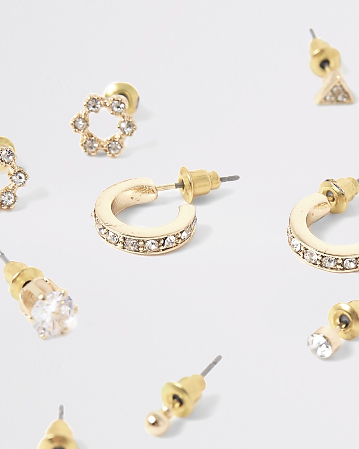 Gold colour diamante stud and hoop multipack