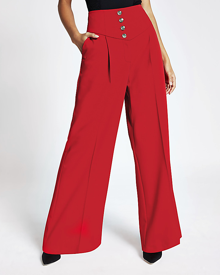 Red high corset waist wide leg trousers
