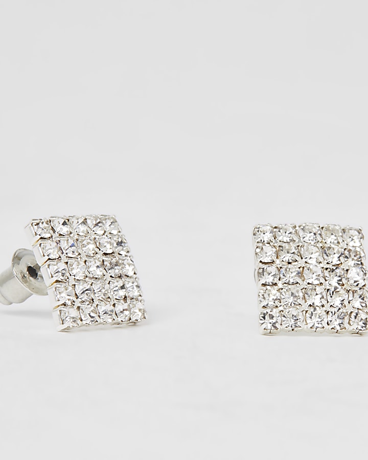 Silver colour square diamante stud earrings