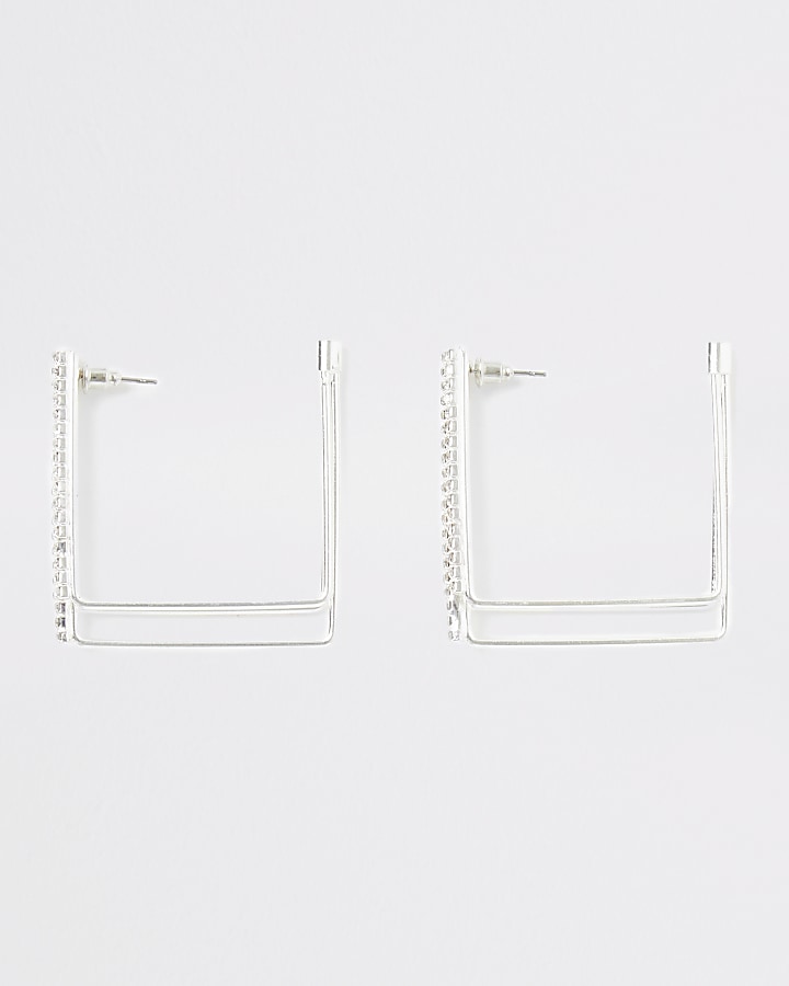 Silver colour paved square hoop earrings