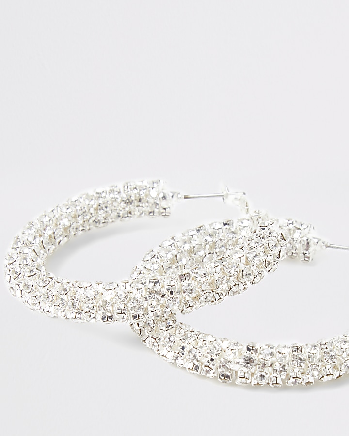 Silver colour diamante hoop earrings