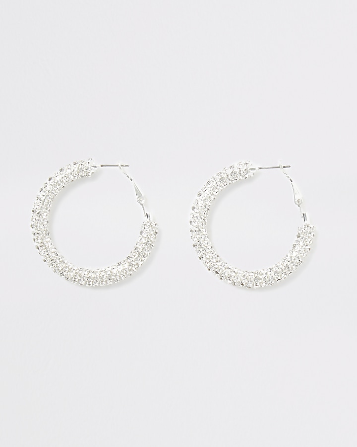 Silver colour diamante hoop earrings