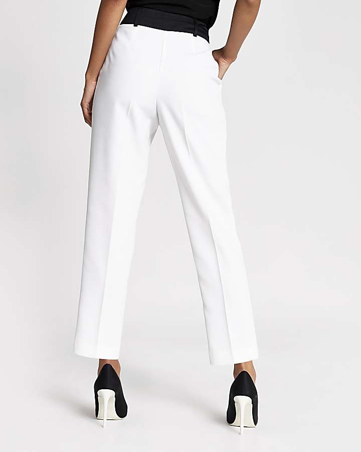 White contrast satin waistband peg trousers