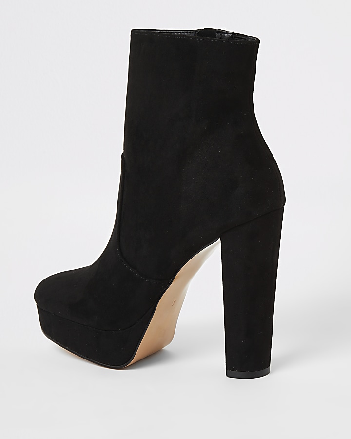 Black faux suede platform heeled boots