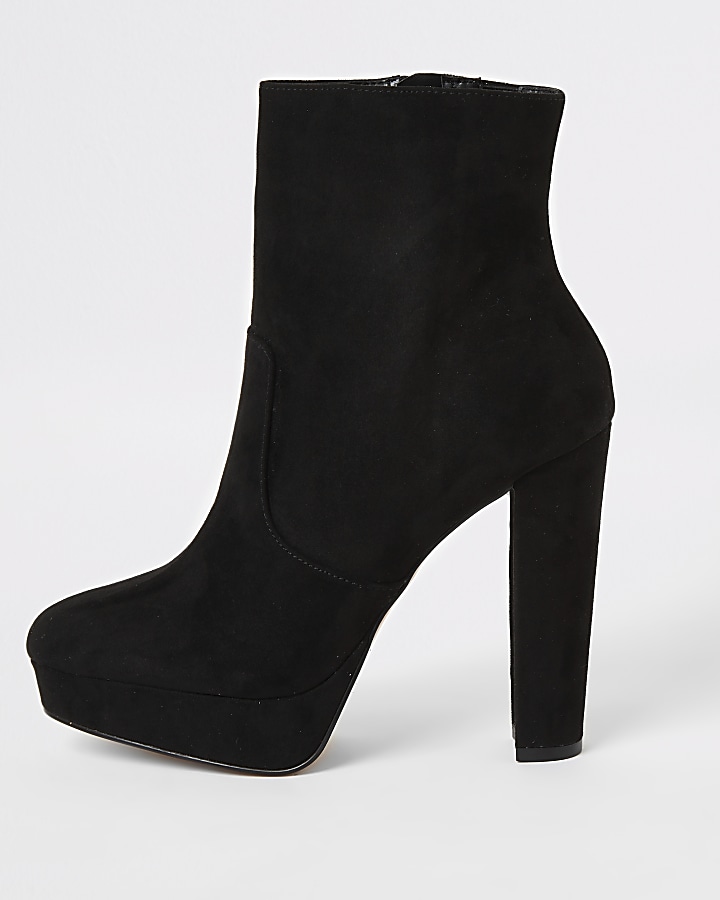 Black faux suede platform heeled boots