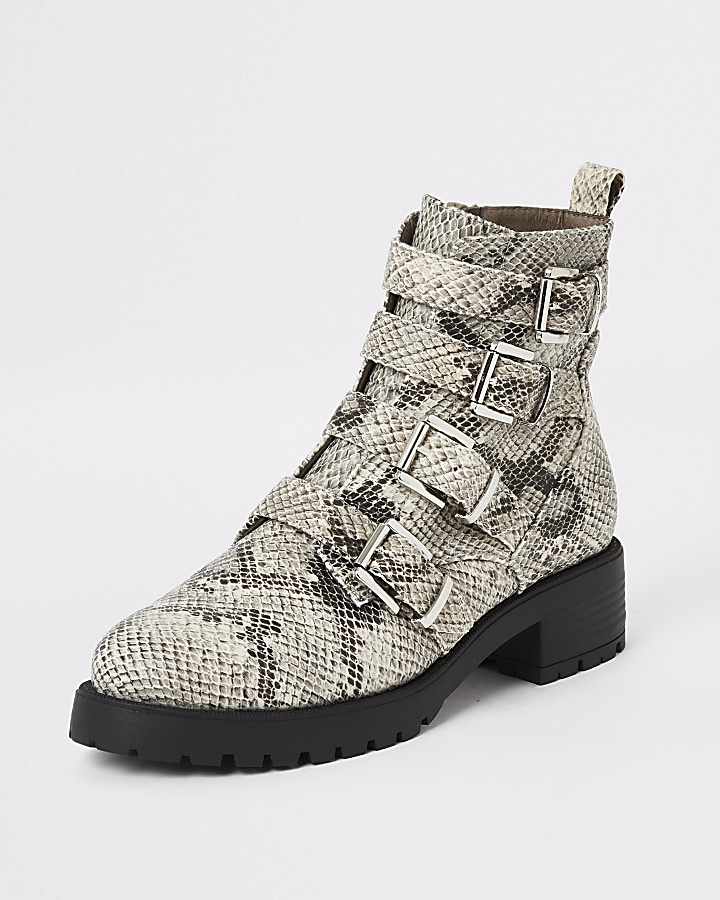 Beige snake print buckle chunky ankle boots
