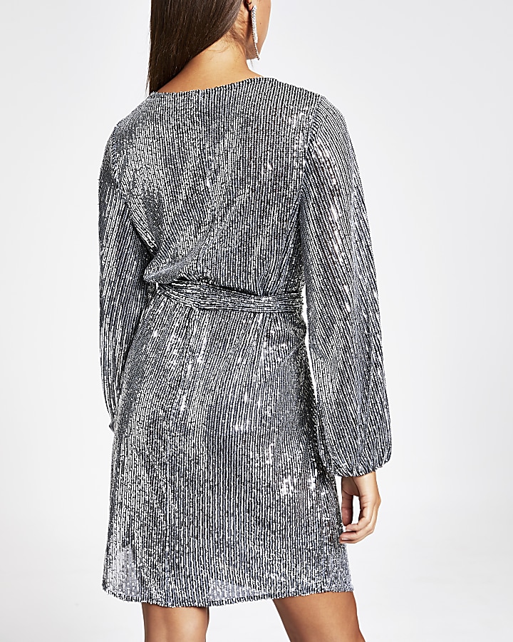 Silver sequin long puff sleeve belted dress