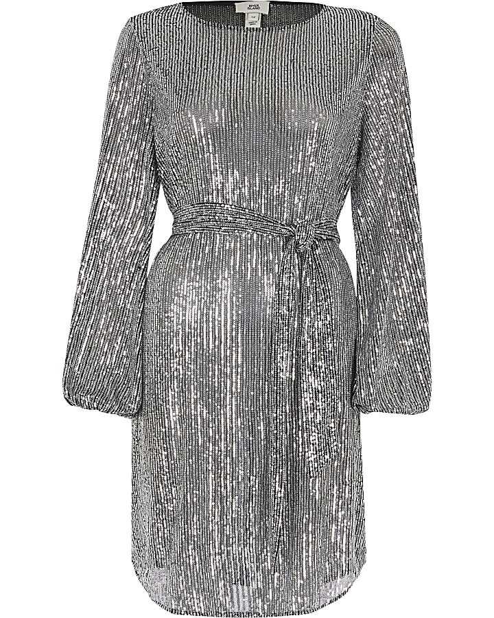 Silver sequin long puff sleeve belted dress