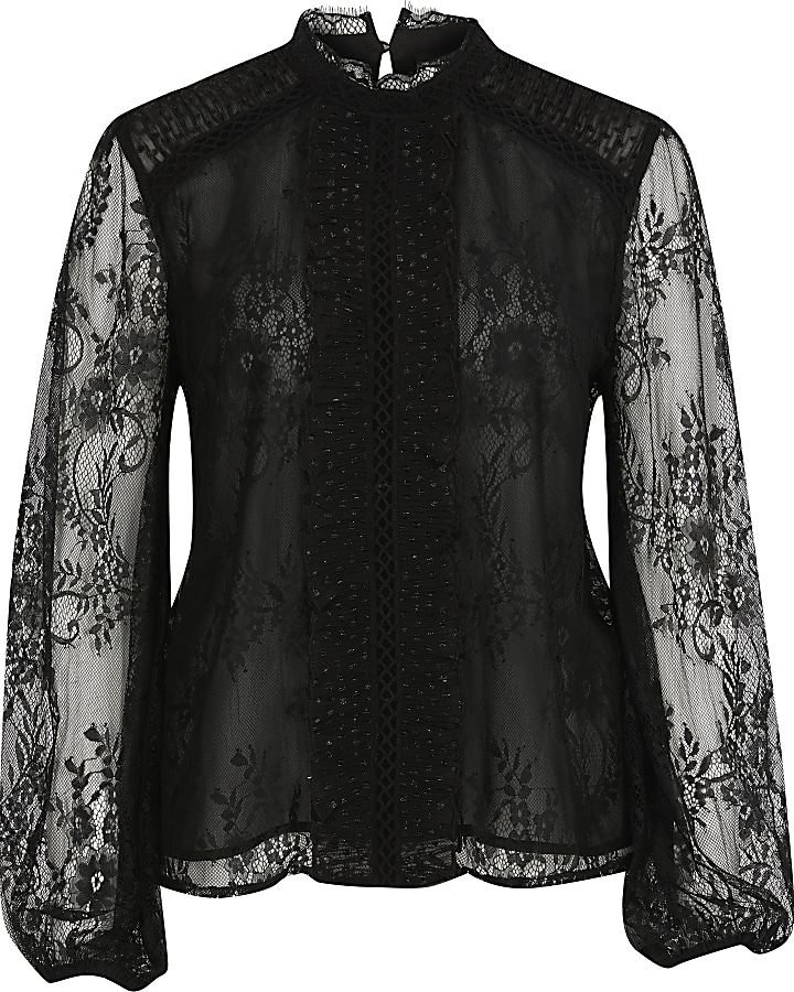 Black lace long sleeve frill front blouse