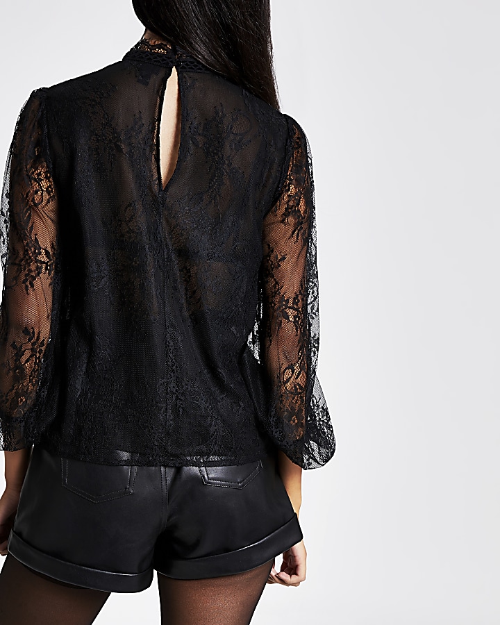 Black lace long sleeve frill front blouse