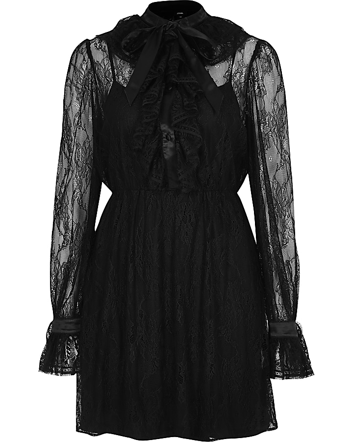Black lace tie neck mini swing dress