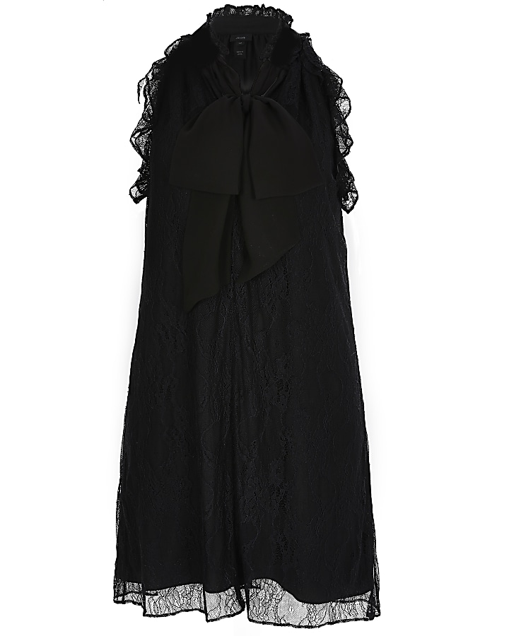 Black lace tie neck frill swing mini dress