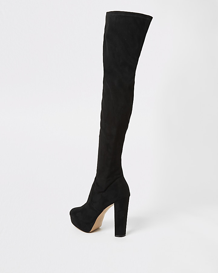 Black high leg wide fit platform heeled boots